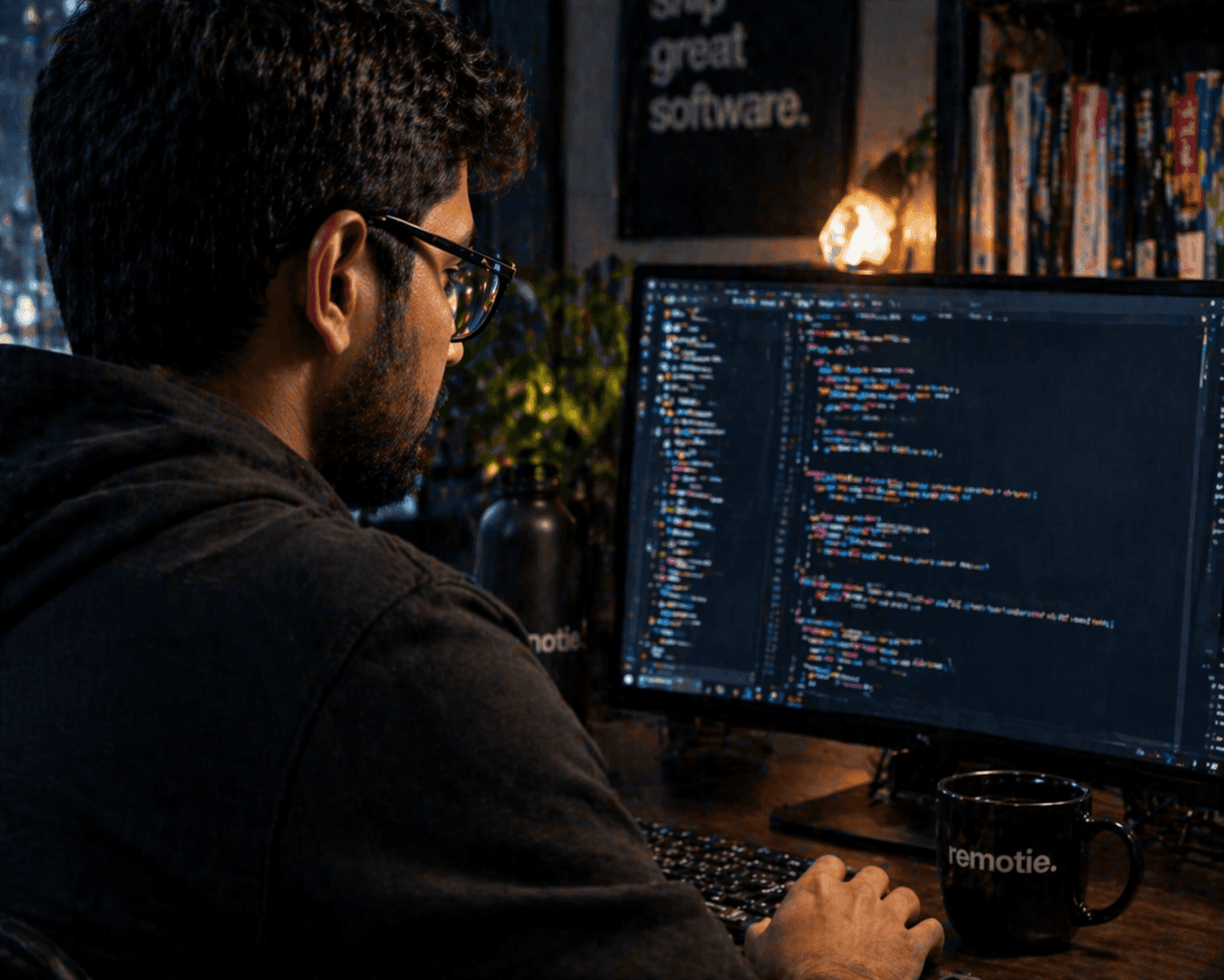 SaaS developer shipping code at a Remotie workspace
